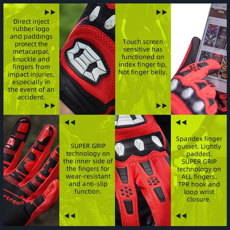 Seibertron Youth Unisex MX ATV MTB Racing Gloves - Full Finger Touchscreen Glove for Bicycle Cycling Mountain Biking Motorcycle and Motocross Red XL - Image 5